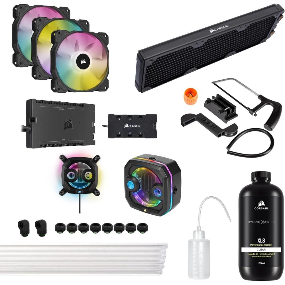 imageCORSAIR Hydro X Series iCUE Link XH405i Custom Cooling Kit  Hardline Water Cooling Loop  XC7 Elite CPU Water Block  XD5 Elite D5 Pump Res  XR5 360mm Radiator  3X QX120 RGB Fans  Stealth GrayBlack