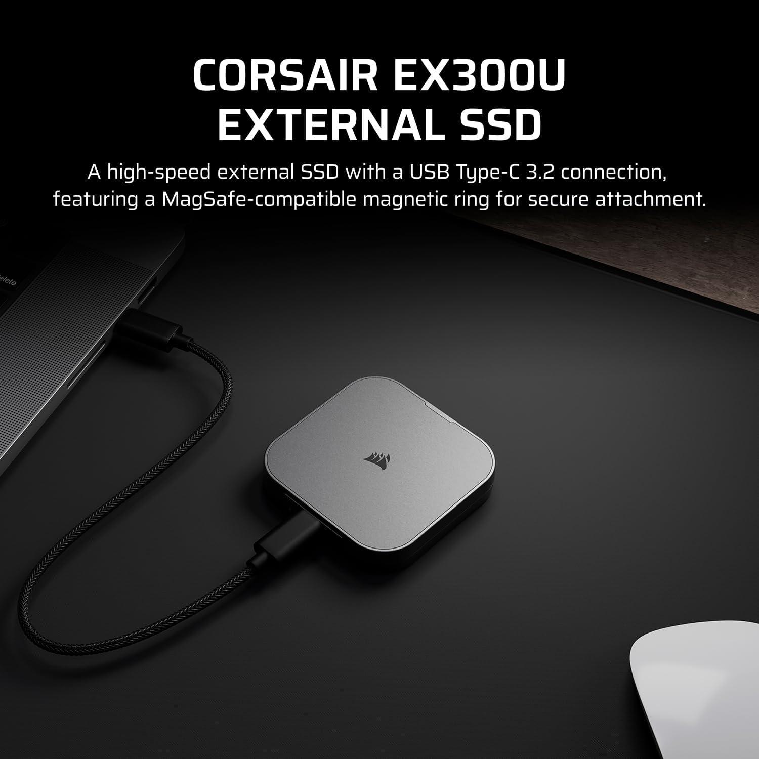 imageCORSAIR EX300U 2TB Portable External USBC SSD  USB 32 TypeC Gen2 Connection Plug and Play MagSafe Cable Included  Windows PC macOS iOS iPadOS Android  GrayGray 2TB