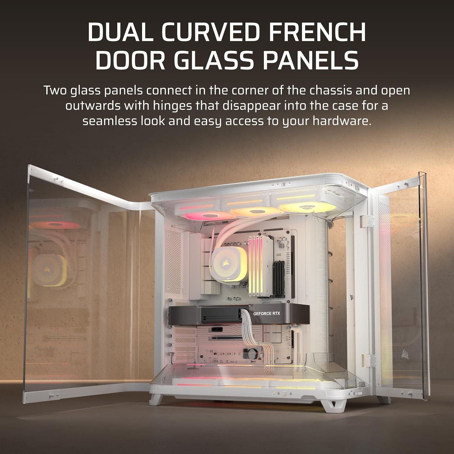 imageCORSAIR AIR 5400 LXR RGB iCUE Link TripleChamber MidTower Panoramic PC Case  3X PreInstalled ReverseRotor LXR RGB Fans LowNoise High Airflow Ducts Reverse Motherboard Support  WhiteWhite