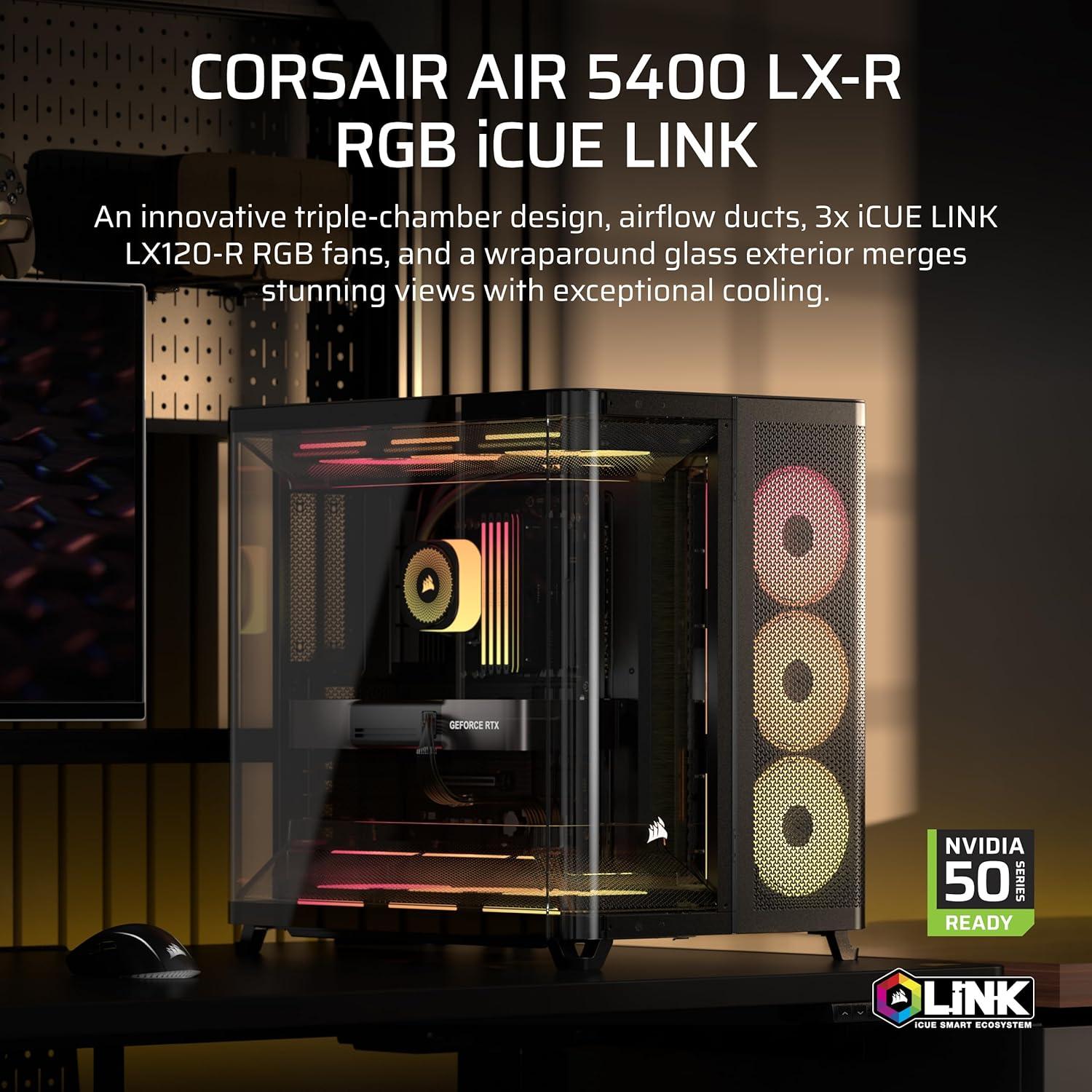imageCORSAIR AIR 5400 LXR RGB iCUE Link TripleChamber MidTower Panoramic PC Case  3X PreInstalled ReverseRotor LXR RGB Fans LowNoise High Airflow Ducts Reverse Motherboard Support  WhiteBlack