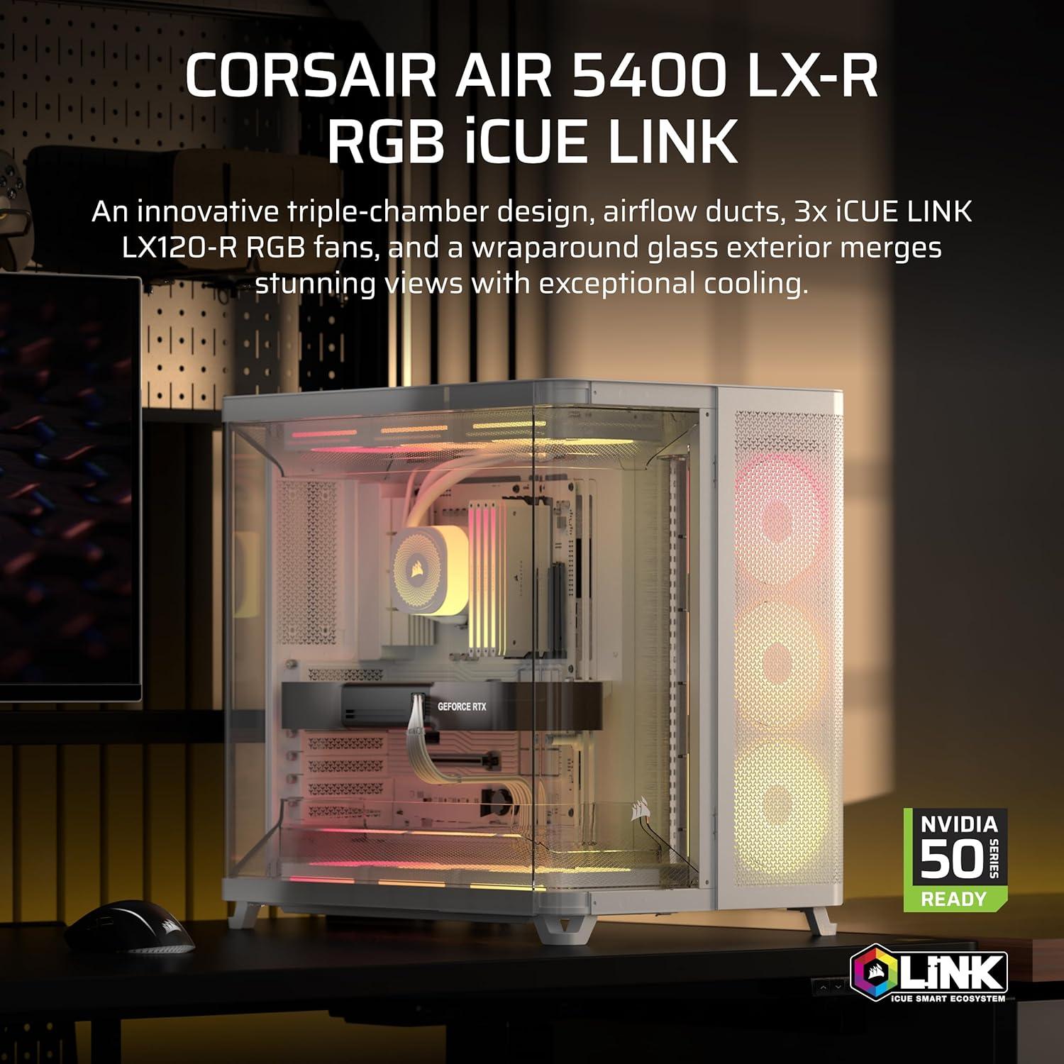 imageCORSAIR AIR 5400 LXR RGB iCUE Link TripleChamber MidTower Panoramic PC Case  3X PreInstalled ReverseRotor LXR RGB Fans LowNoise High Airflow Ducts Reverse Motherboard Support  WhiteWhite