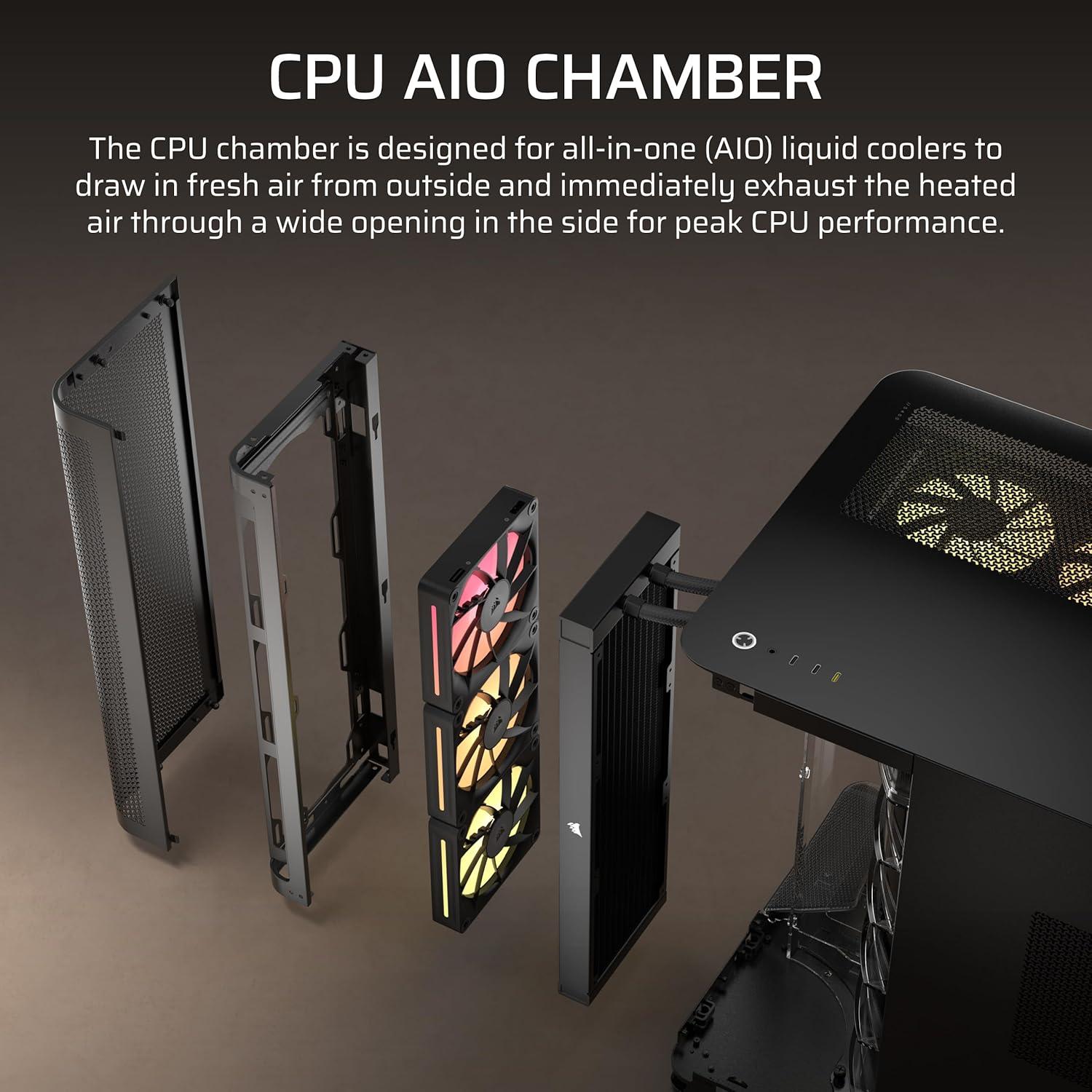 imageCORSAIR AIR 5400 LXR RGB iCUE Link TripleChamber MidTower Panoramic PC Case  3X PreInstalled ReverseRotor LXR RGB Fans LowNoise High Airflow Ducts Reverse Motherboard Support  WhiteBlack