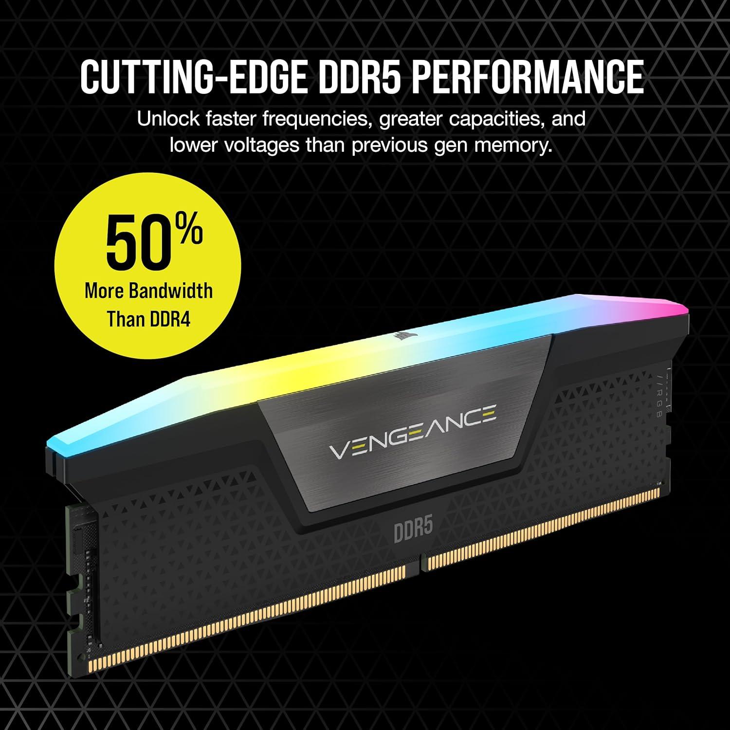 imageCORSAIR Vengeance RGB DDR5 RAM 16GB 1x16GB 5200MHz CL40 Intel XMP iCUE Compatible Computer Memory  Black CMH16GX5M1B5200C40Black