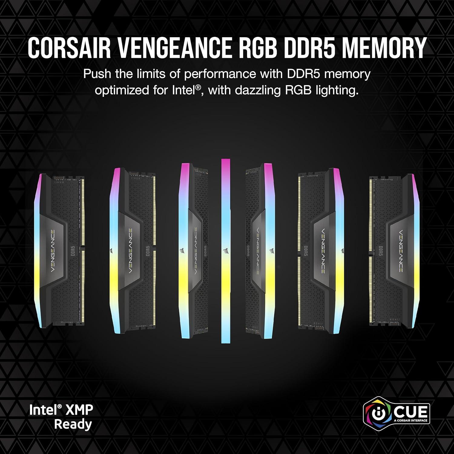imageCORSAIR Vengeance RGB DDR5 RAM 16GB 1x16GB 5200MHz CL40 Intel XMP iCUE Compatible Computer Memory  Black CMH16GX5M1B5200C40Black