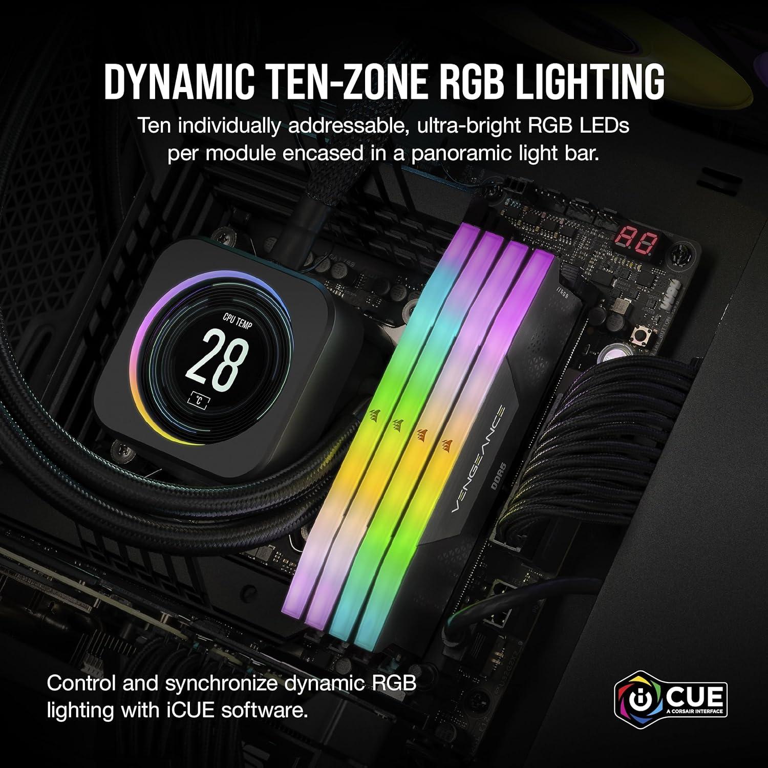 imageCORSAIR Vengeance RGB DDR5 RAM 16GB 1x16GB 5200MHz CL40 Intel XMP iCUE Compatible Computer Memory  Black CMH16GX5M1B5200C40Black