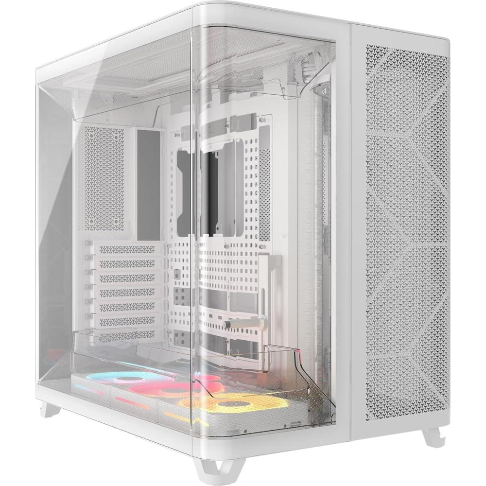 imageCORSAIR AIR 5400 LXR RGB iCUE Link TripleChamber MidTower Panoramic PC Case  3X PreInstalled ReverseRotor LXR RGB Fans LowNoise High Airflow Ducts Reverse Motherboard Support  WhiteWhite