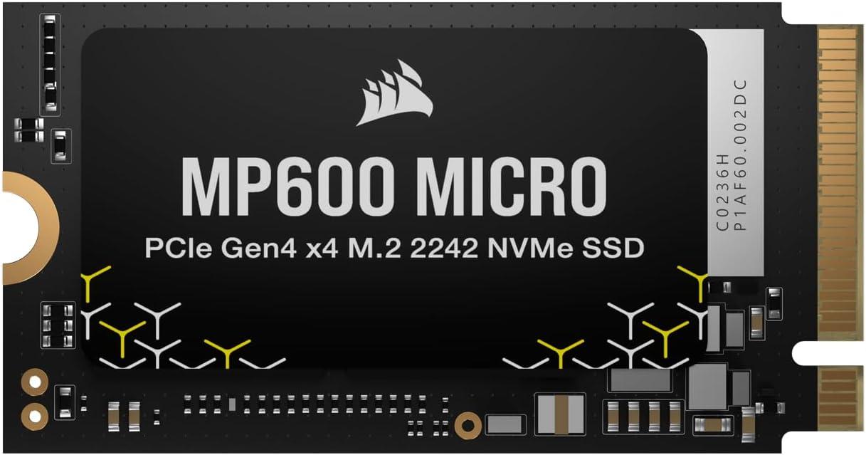 imageCorsair MP600 Micro 1TB M2 NVMe PCIe x4 Gen4 2 SSD M2 2242 Up to 5100MBsec Sequential Read HighDensity 3D TLC NAND Compatible with Lenovo Legion Go and Thin PCIe 40 Laptops Black1 TB