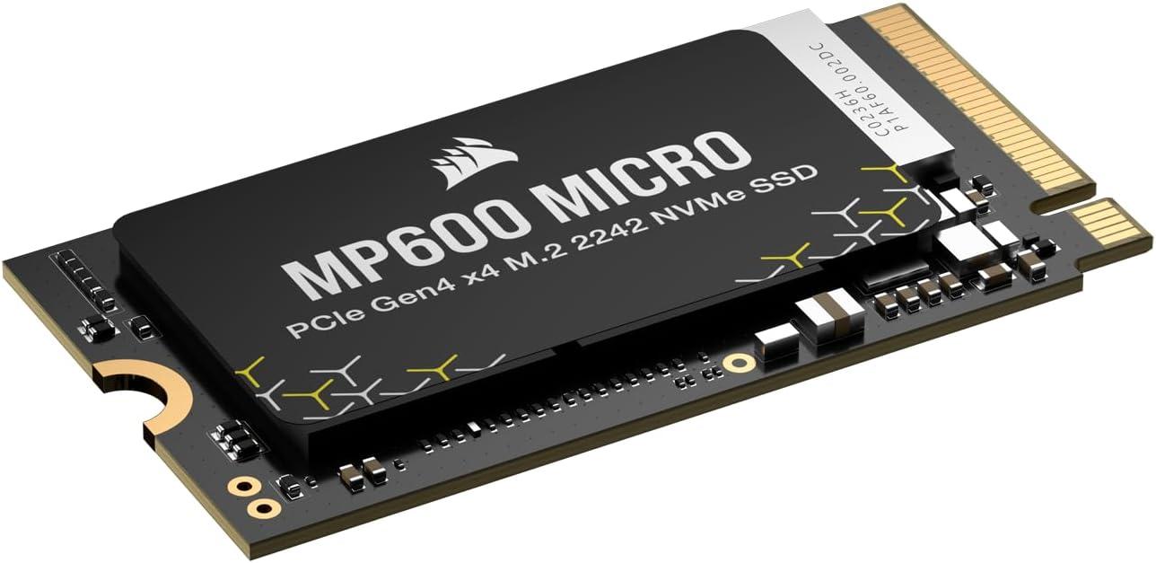 imageCorsair MP600 Micro 1TB M2 NVMe PCIe x4 Gen4 2 SSD M2 2242 Up to 5100MBsec Sequential Read HighDensity 3D TLC NAND Compatible with Lenovo Legion Go and Thin PCIe 40 Laptops Black1 TB