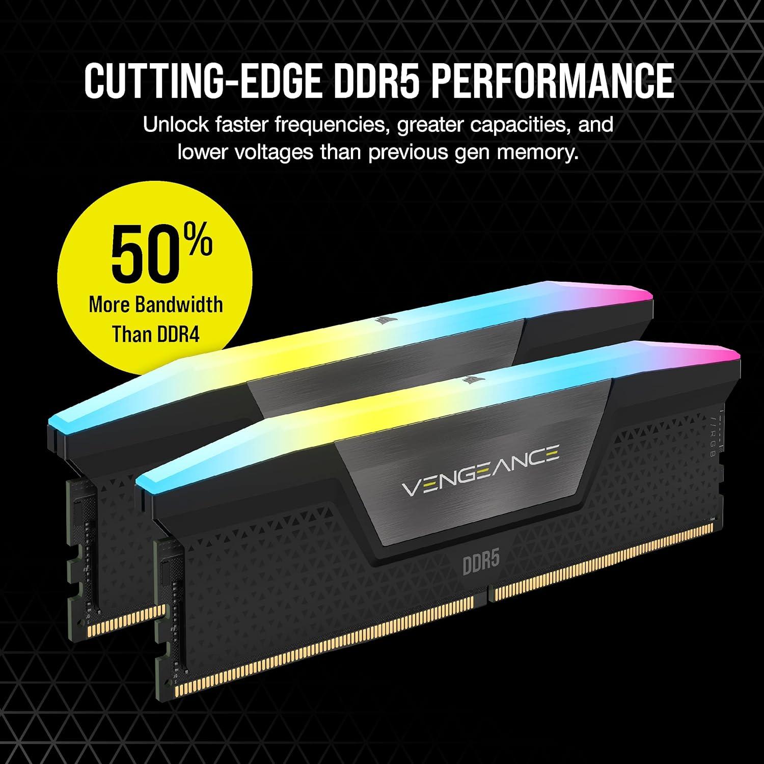 imageCORSAIR VENGEANCE RGB DDR5 RAM 32GB 2x16GB 6200MHz CL36 Intel XMP iCUE Compatible Computer Memory Black CMH32GX5M2B6200C36Black