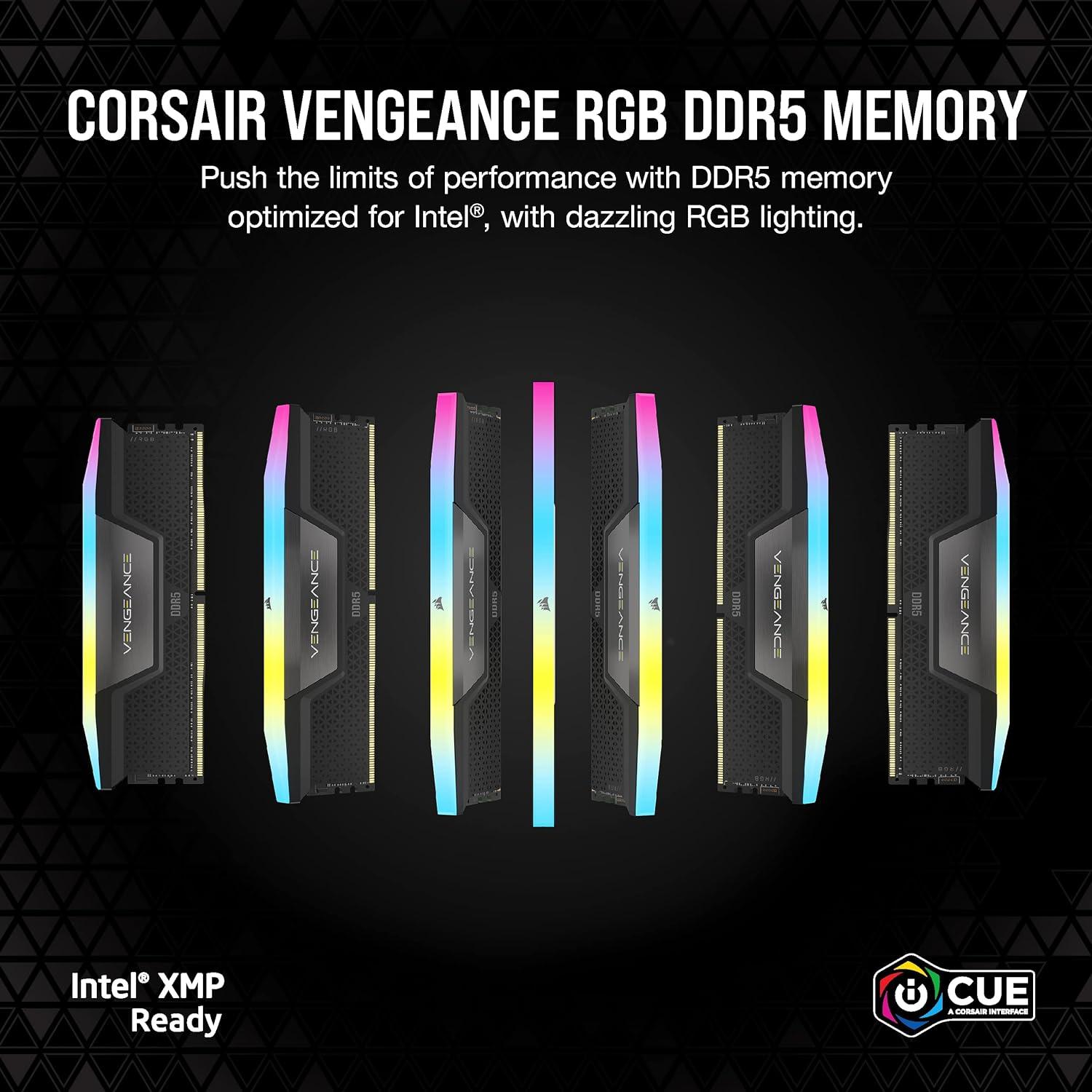 imageCORSAIR VENGEANCE RGB DDR5 RAM 32GB 2x16GB 6200MHz CL36 Intel XMP iCUE Compatible Computer Memory Black CMH32GX5M2B6200C36Black