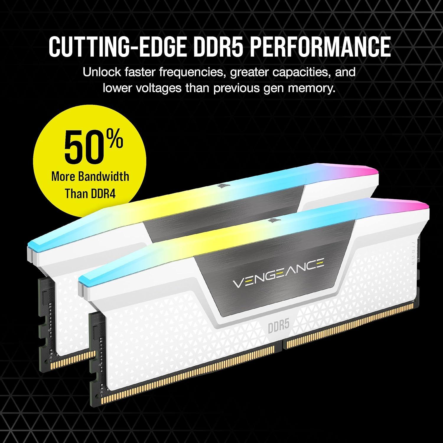 imageCORSAIR VENGEANCE RGB DDR5 RAM 32GB 2x16GB 6200MHz CL36 Intel XMP iCUE Compatible Computer Memory White CMH32GX5M2B6200C36WWhite