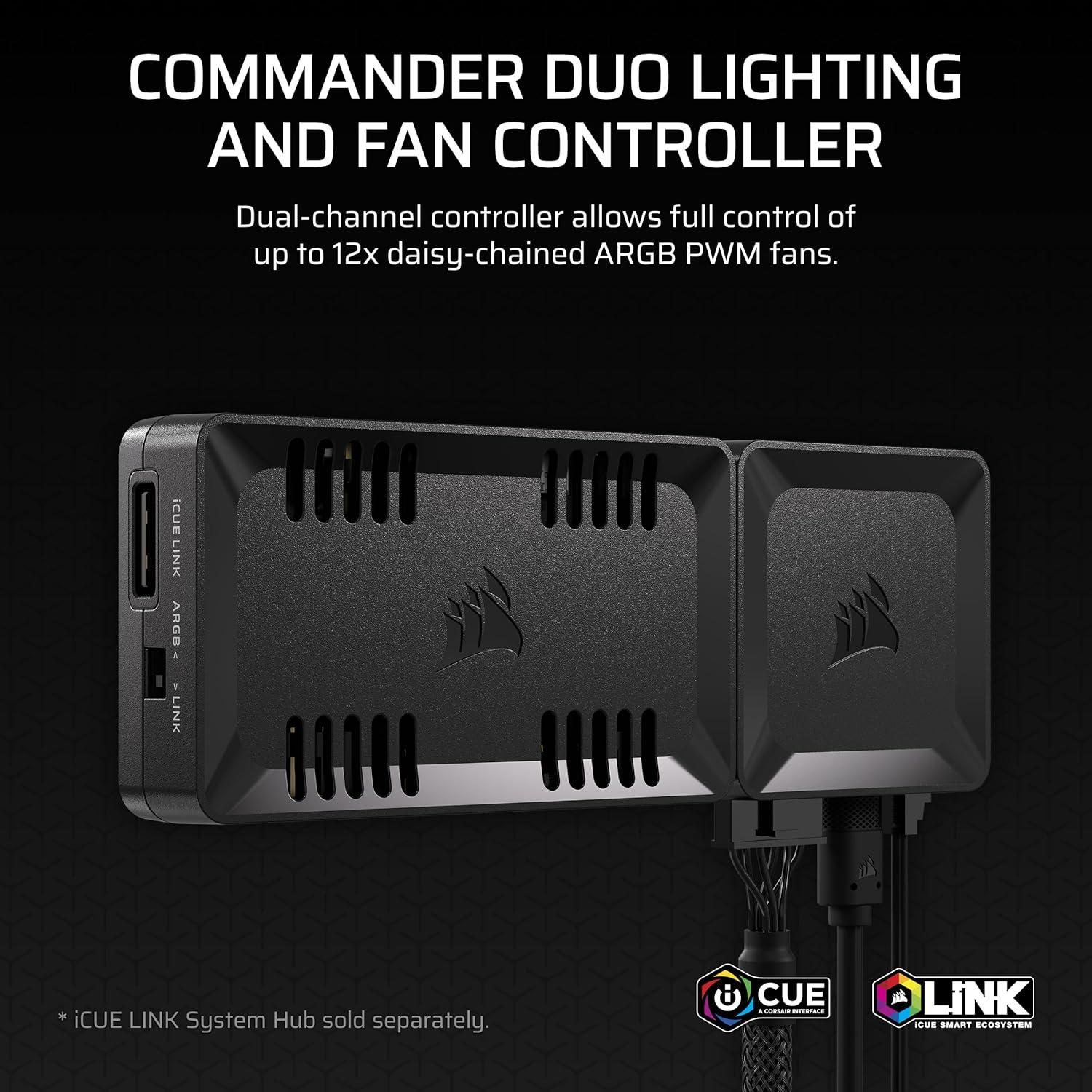 imageCORSAIR Commander Duo iCUE Link RGB Lighting and PWM ARGB Fan Controller Control 12 DaisyChained PWM Fans Two Flexible Temperature Sensors Included Black