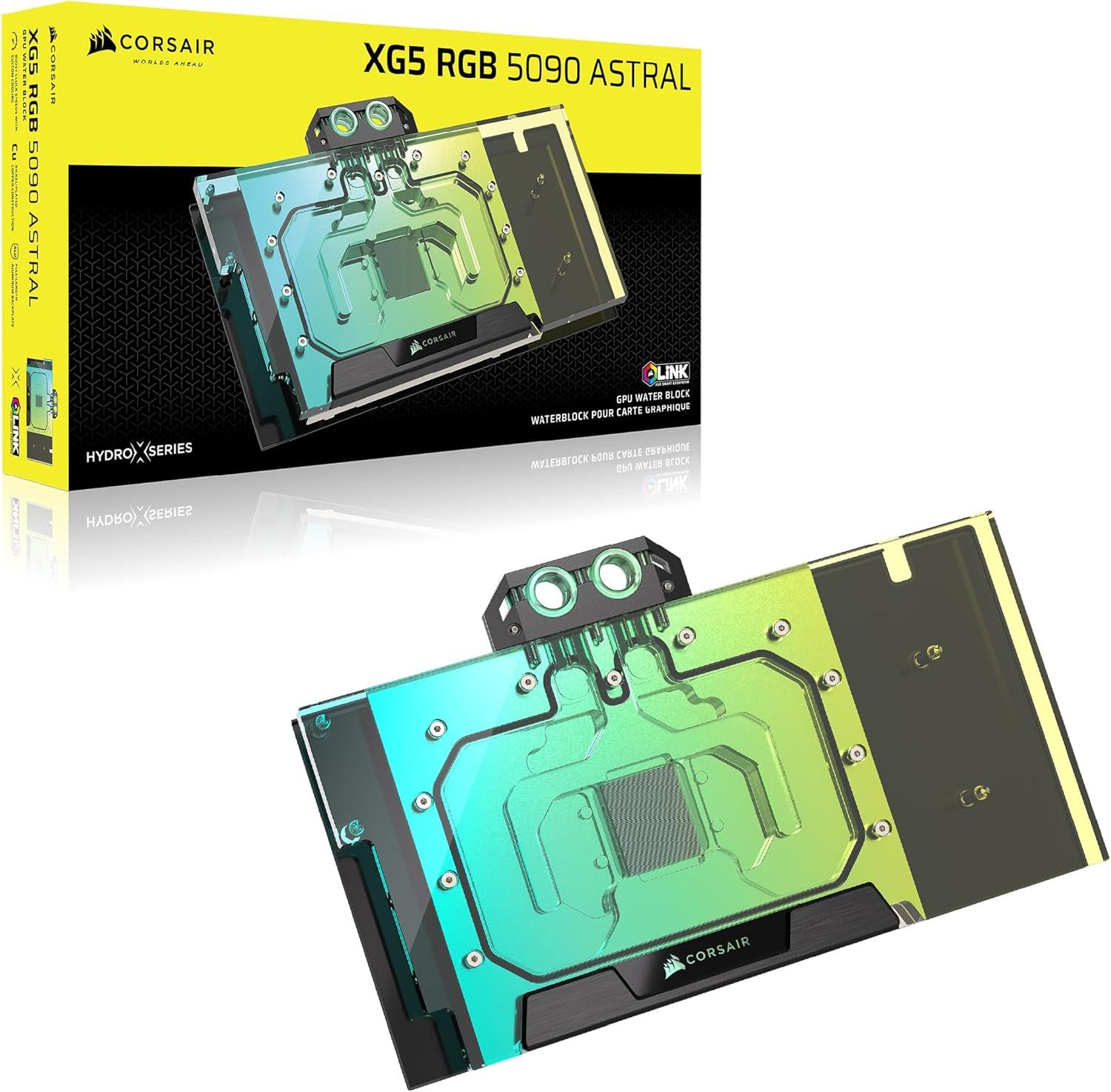 imageCORSAIR Hydro X Series XG5 RGB 5090 Astral GPU Water Block for ASUS ROG Astral GeForce RTX 5090 NickelPlated Copper Assembly Over 60 HighDensity Cooling Fins 16 Addressable RGB LEDs Black