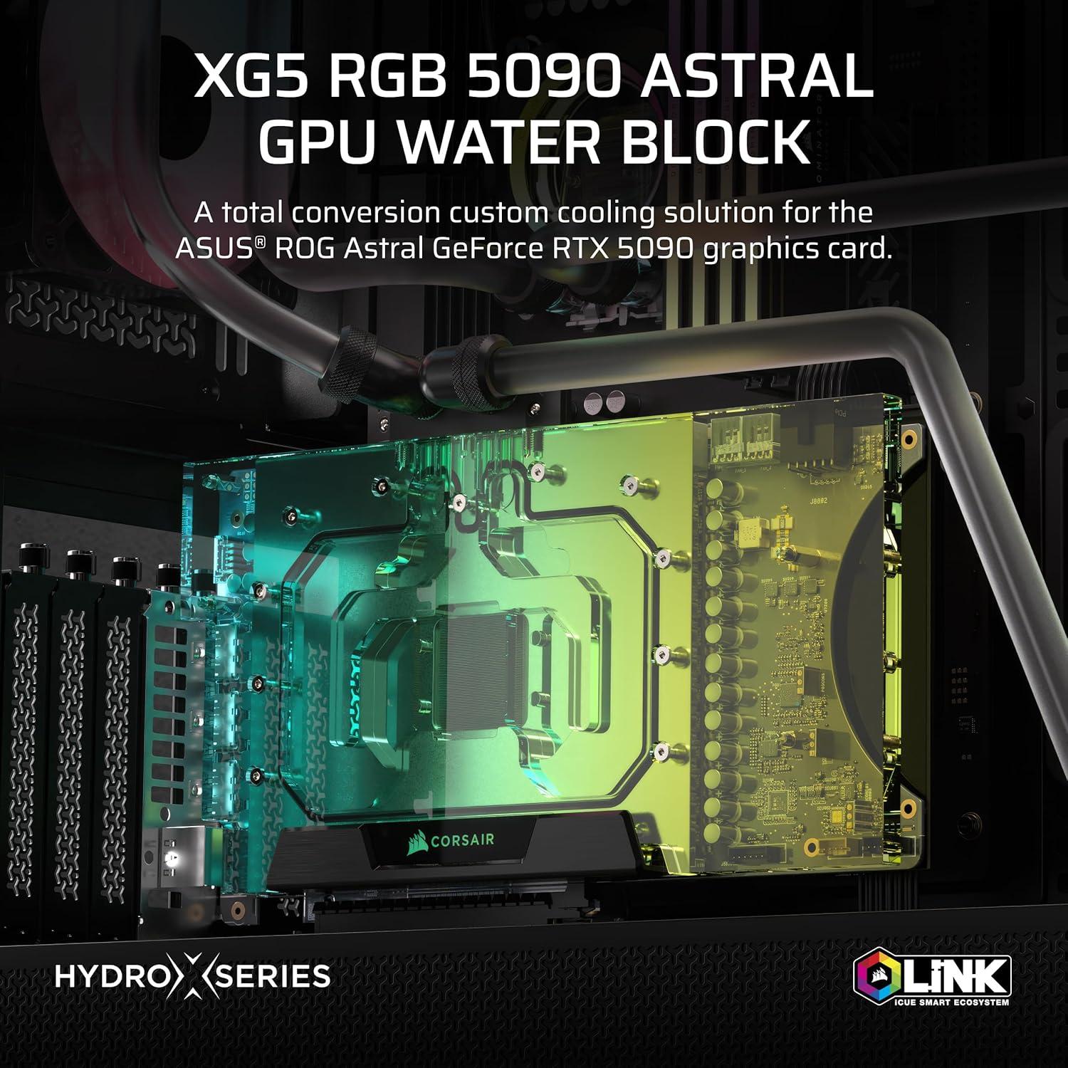 imageCORSAIR Hydro X Series XG5 RGB 5090 Astral GPU Water Block for ASUS ROG Astral GeForce RTX 5090 NickelPlated Copper Assembly Over 60 HighDensity Cooling Fins 16 Addressable RGB LEDs Black