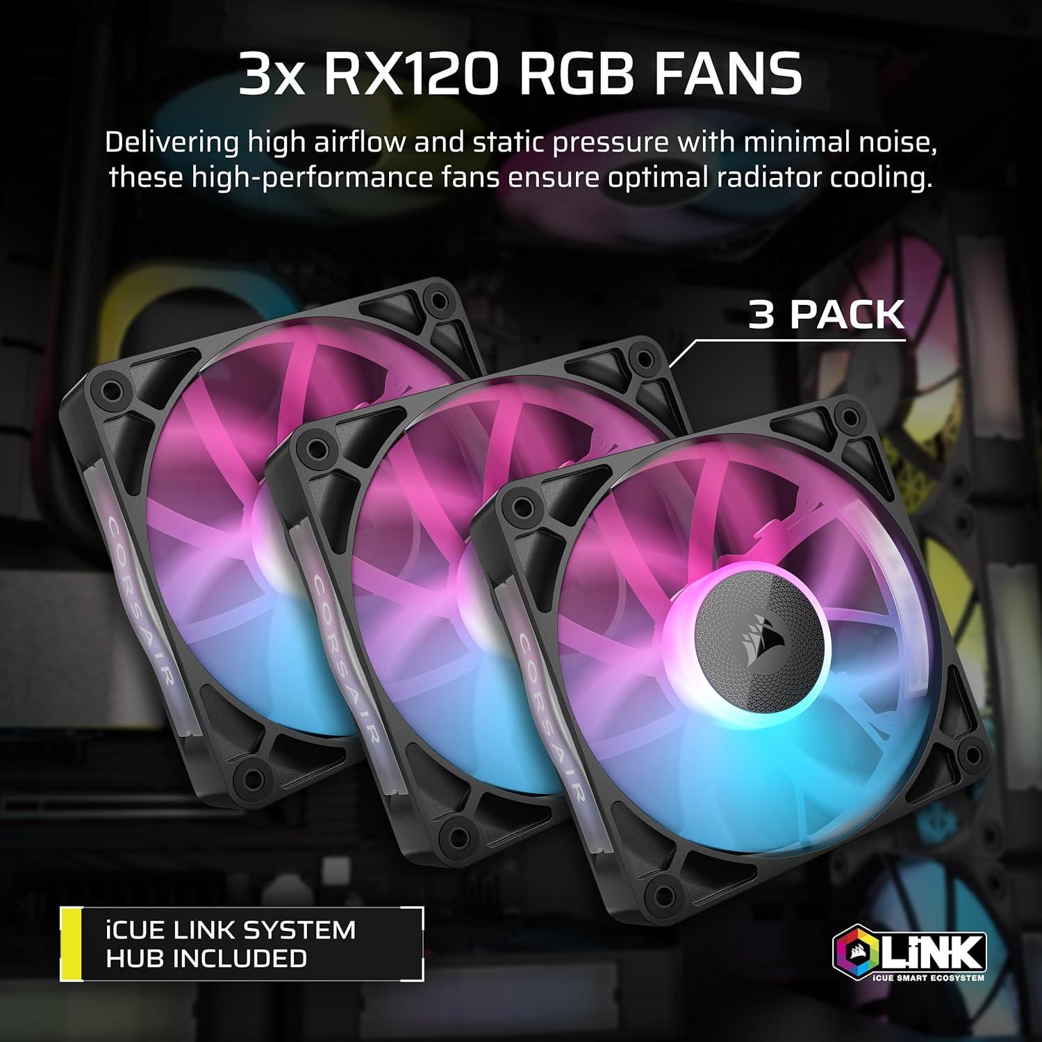 imageCORSAIR XH505i RX 360 RGB Custom Cooling Kit XC7 CPU Water Block XD6 Pump Reservoir 3X RX120 RGB Fans XR5 360mm Radiator System Hub Included BlackBlack