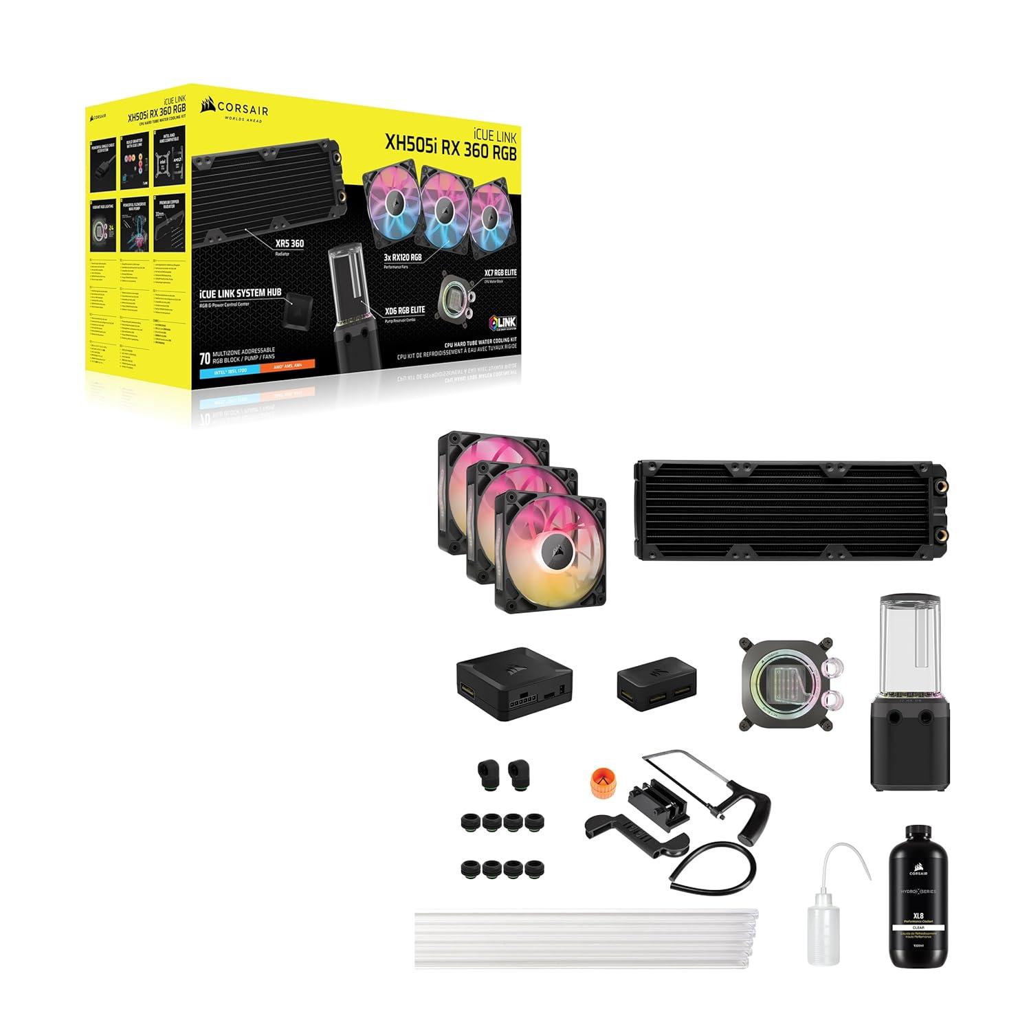 imageCORSAIR XH505i RX 360 RGB Custom Cooling Kit XC7 CPU Water Block XD6 Pump Reservoir 3X RX120 RGB Fans XR5 360mm Radiator System Hub Included BlackBlack