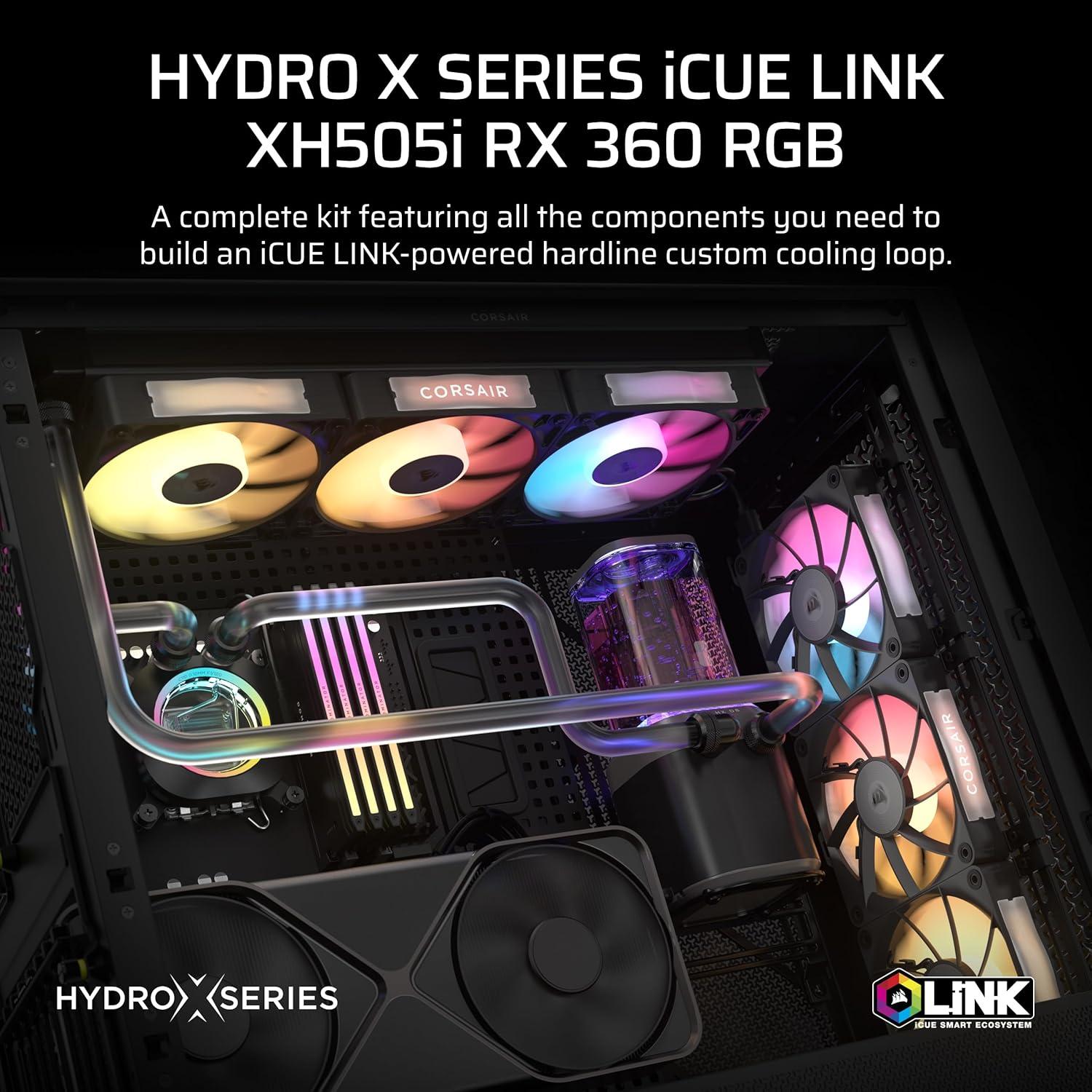 imageCORSAIR XH505i RX 360 RGB Custom Cooling Kit XC7 CPU Water Block XD6 Pump Reservoir 3X RX120 RGB Fans XR5 360mm Radiator System Hub Included BlackBlack