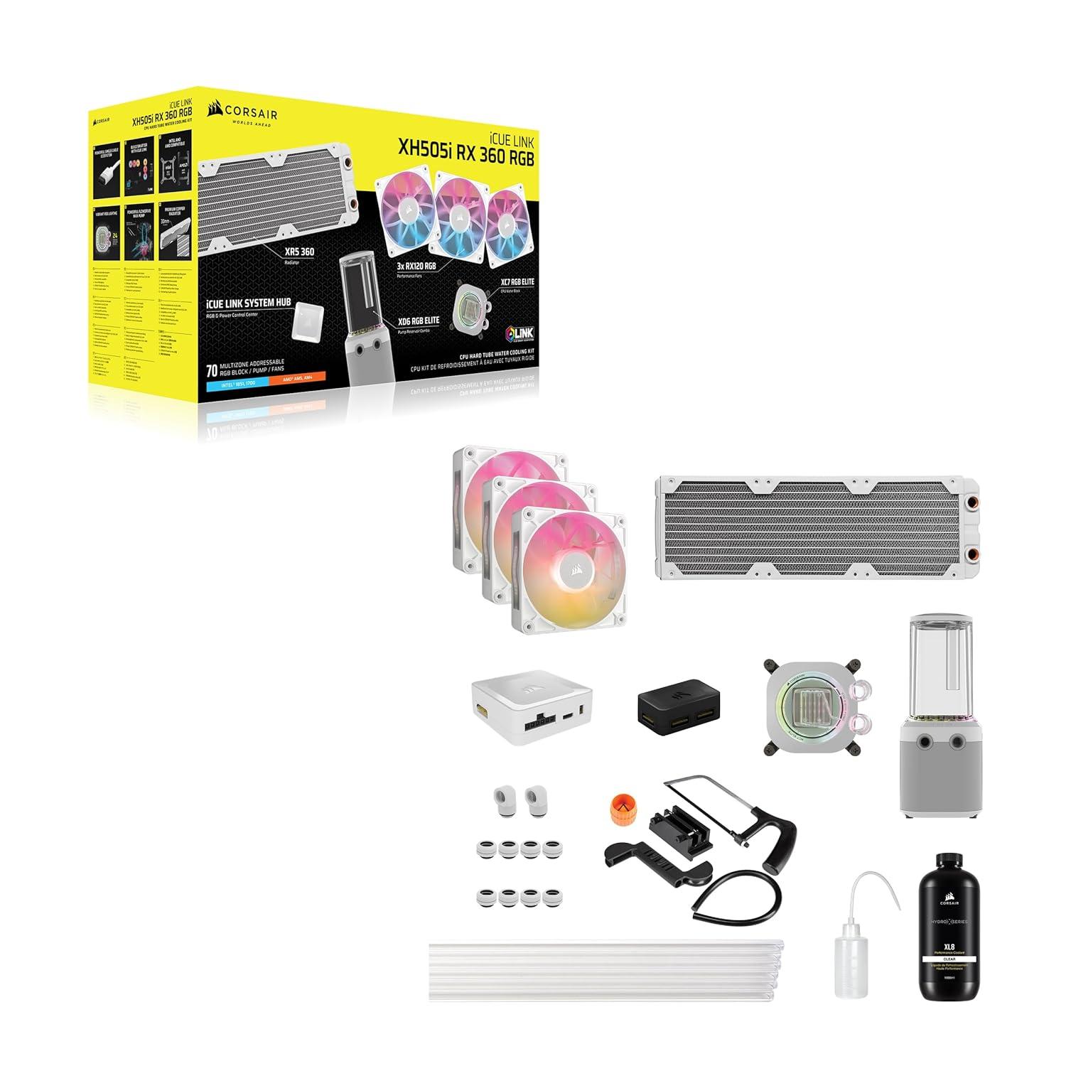 imageCORSAIR XH505i RX 360 RGB Custom Cooling Kit XC7 CPU Water Block XD6 Pump Reservoir 3X RX120 RGB Fans XR5 360mm Radiator System Hub Included BlackWhite