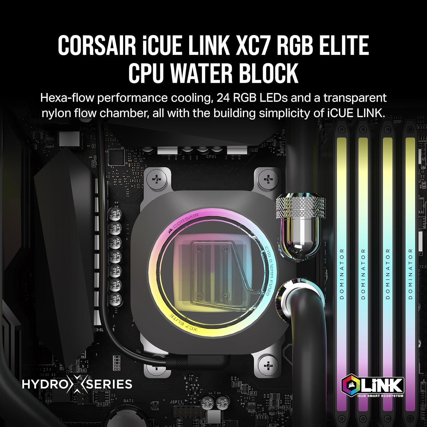 imageCORSAIR iCUE Link XC7 RGB Elite CPU Water Block Transparent Flow Chamber 24 RGB LEDs Fits Intel LGA 1700 AMD AM5 and Older Stealth Gray
