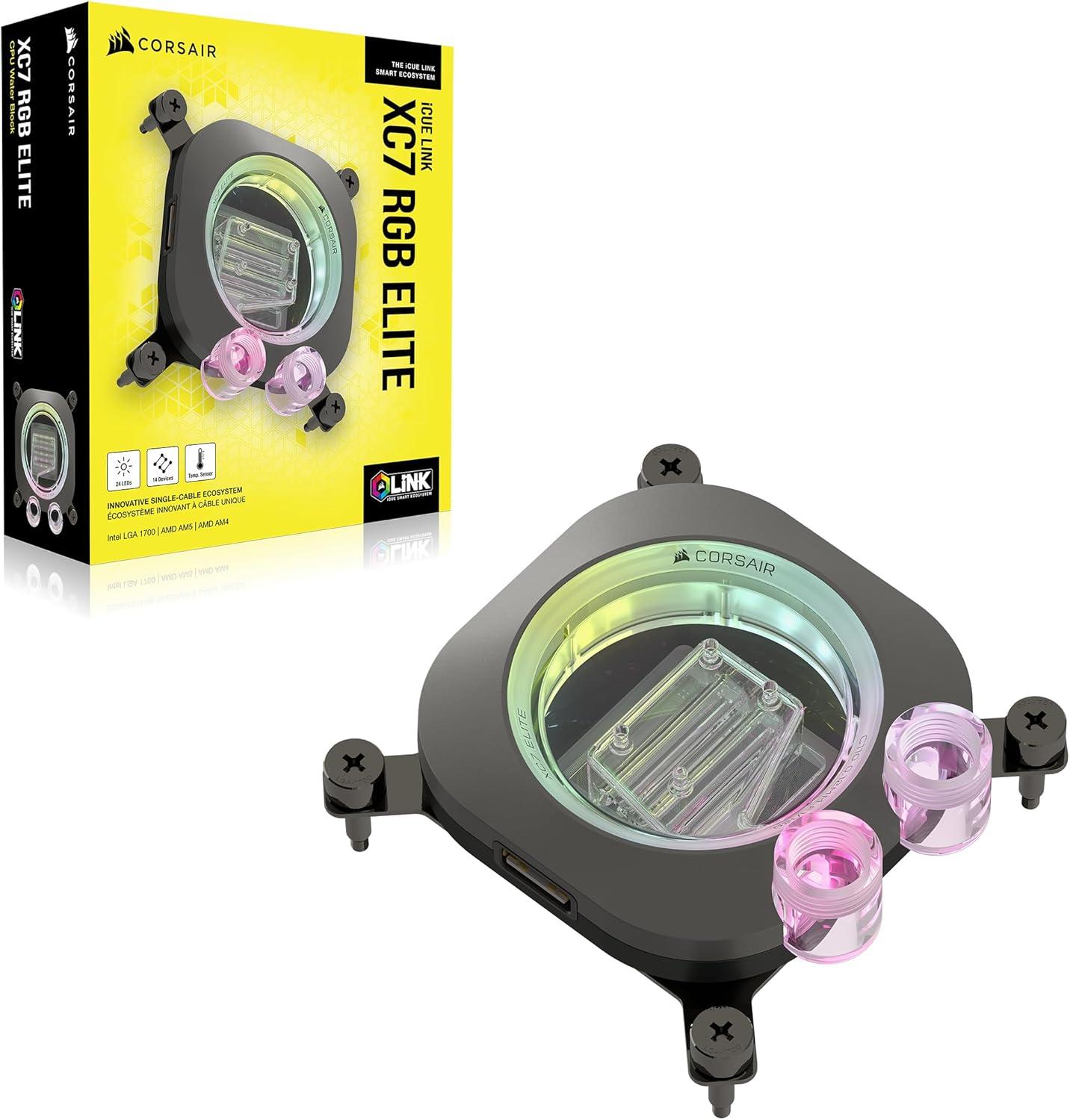 imageCORSAIR iCUE Link XC7 RGB Elite CPU Water Block Transparent Flow Chamber 24 RGB LEDs Fits Intel LGA 1700 AMD AM5 and Older Stealth Gray
