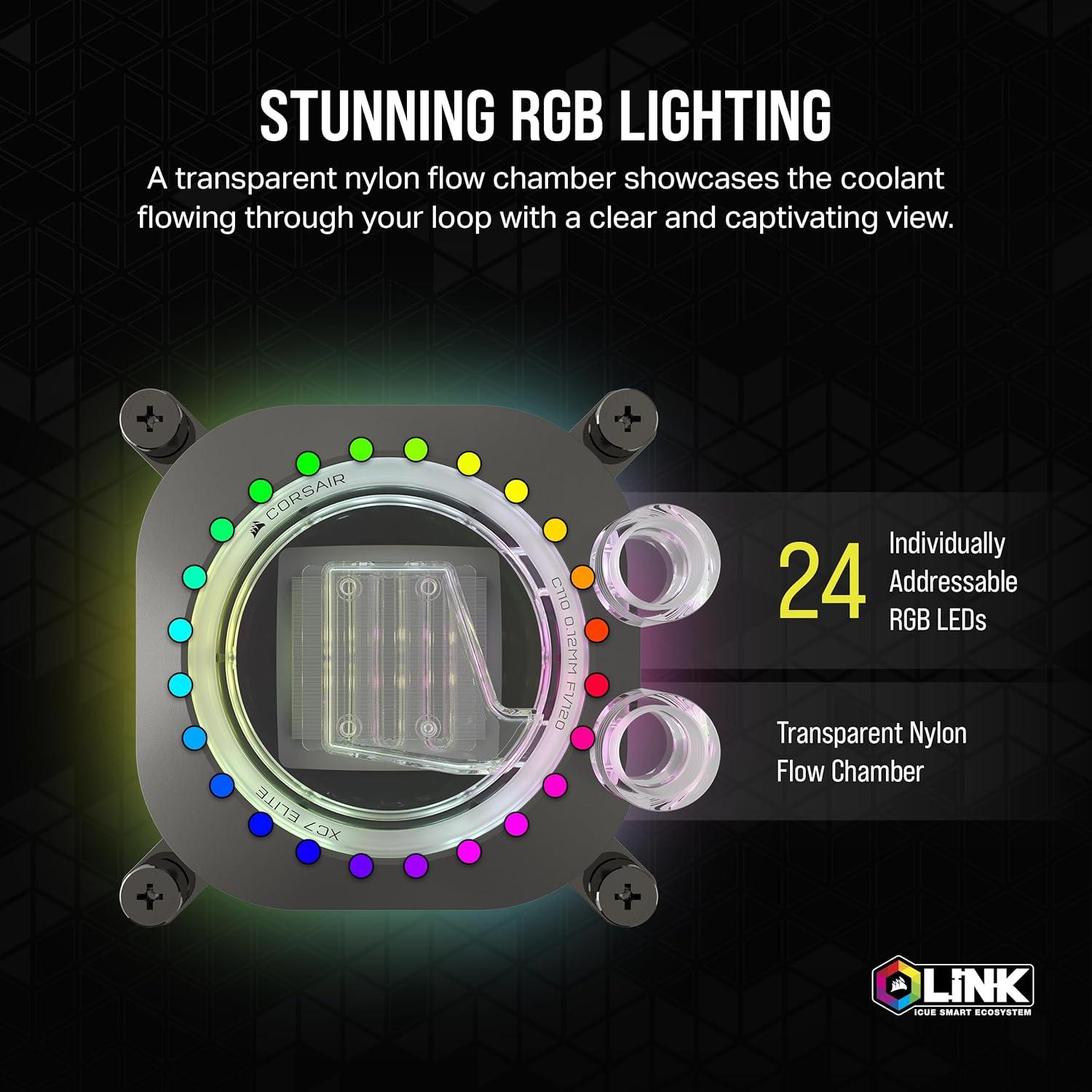 imageCORSAIR iCUE Link XC7 RGB Elite CPU Water Block Transparent Flow Chamber 24 RGB LEDs Fits Intel LGA 1700 AMD AM5 and Older Stealth Gray