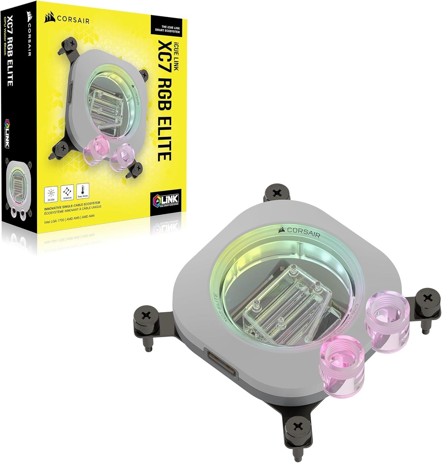 imageCORSAIR iCUE Link XC7 RGB Elite CPU Water Block Transparent Flow Chamber 24 RGB LEDs Fits Intel LGA 1700 AMD AM5 and Older White