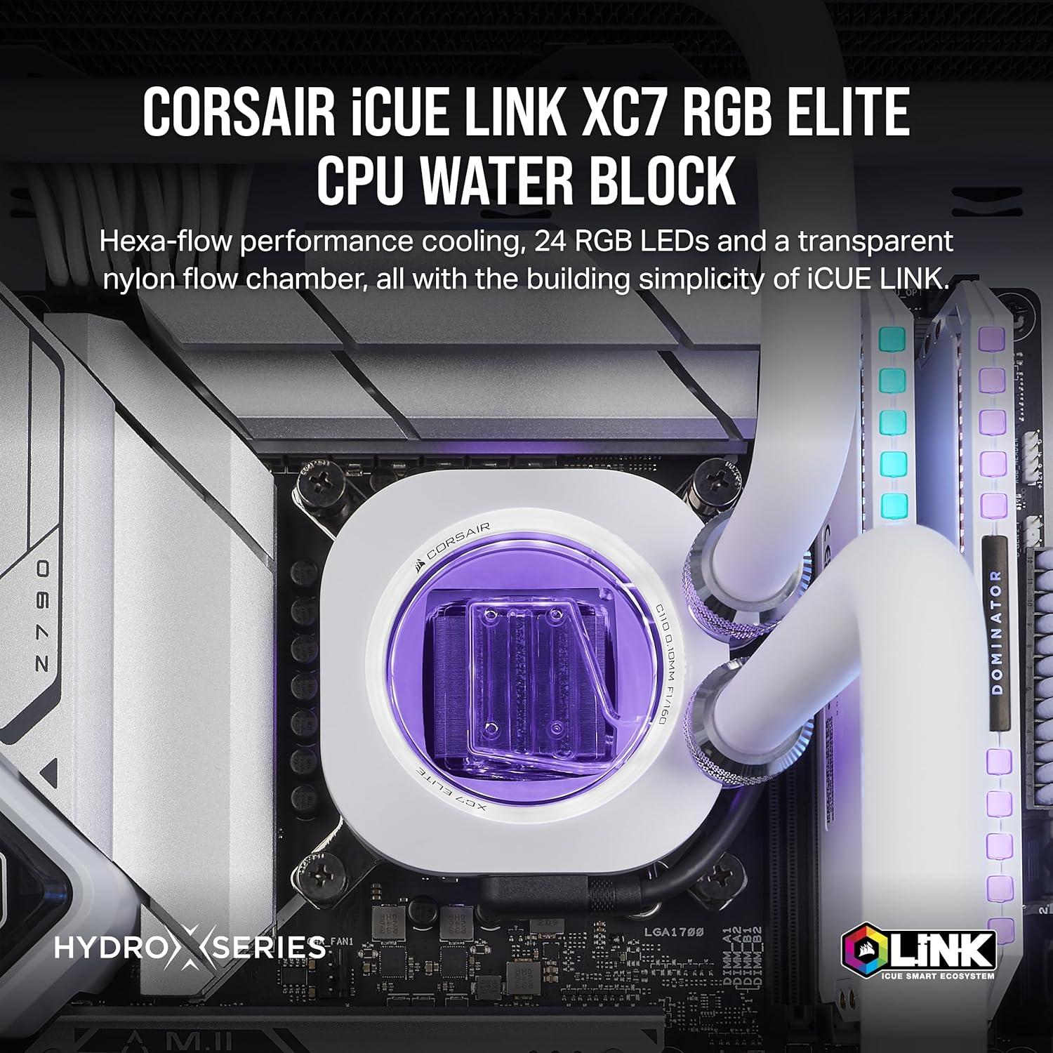 imageCORSAIR iCUE Link XC7 RGB Elite CPU Water Block Transparent Flow Chamber 24 RGB LEDs Fits Intel LGA 1700 AMD AM5 and Older White