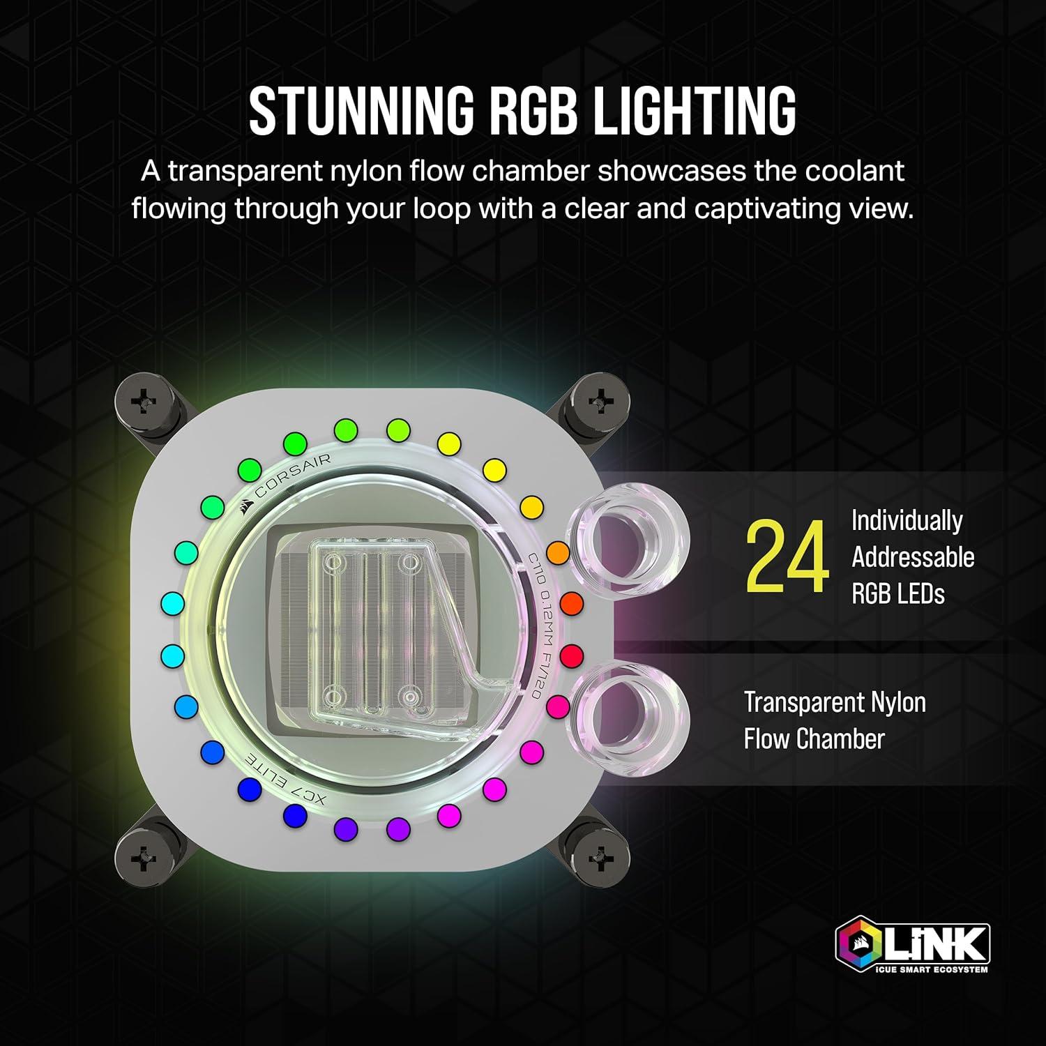 imageCORSAIR iCUE Link XC7 RGB Elite CPU Water Block Transparent Flow Chamber 24 RGB LEDs Fits Intel LGA 1700 AMD AM5 and Older White