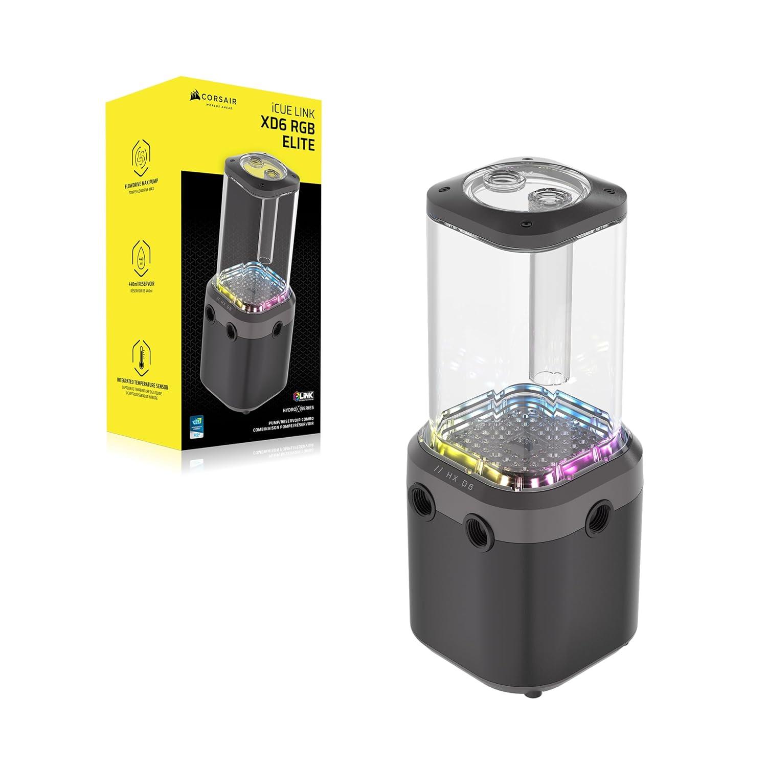 imageCORSAIR iCUE Link XD6 RGB Elite PumpReservoir Unit FlowDrive Max Pump Builtin Temperature Sensor 22 Addressable RGB LEDs 440ml Transparent Nylon Reservoir WhiteStealth Gray