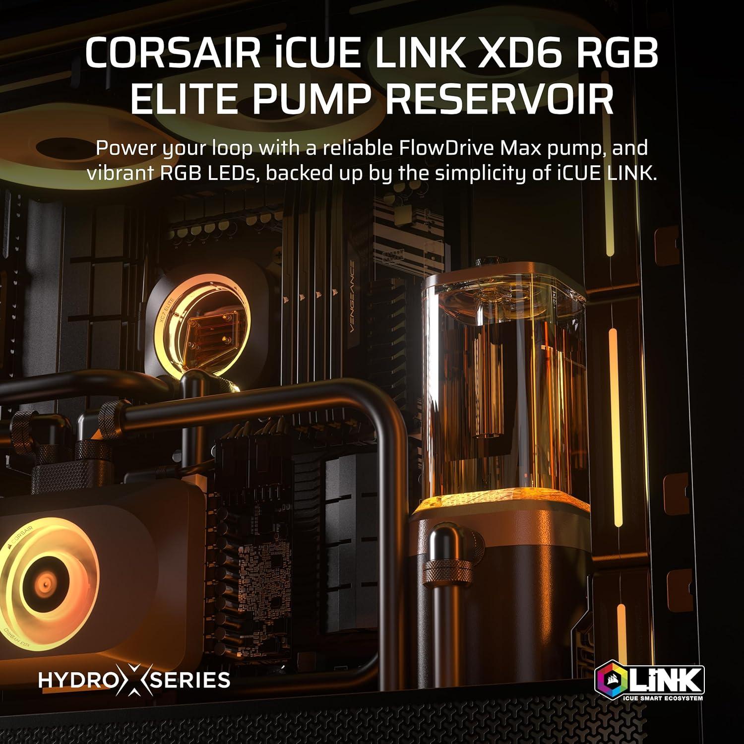 imageCORSAIR iCUE Link XD6 RGB Elite PumpReservoir Unit FlowDrive Max Pump Builtin Temperature Sensor 22 Addressable RGB LEDs 440ml Transparent Nylon Reservoir WhiteStealth Gray
