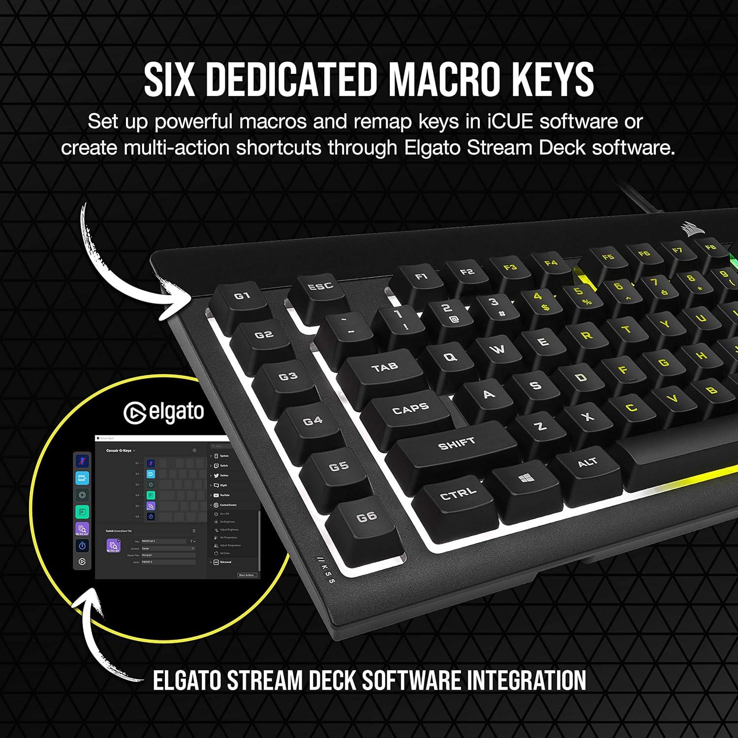 imageCorsair K55 RGB PRO Membrane Wired Gaming Keyboard IP42 Dust and SpillResistant 6 Macro Keys with Elgato Integration iCUE Compatible QWERTY NA PC Mac Xbox Black