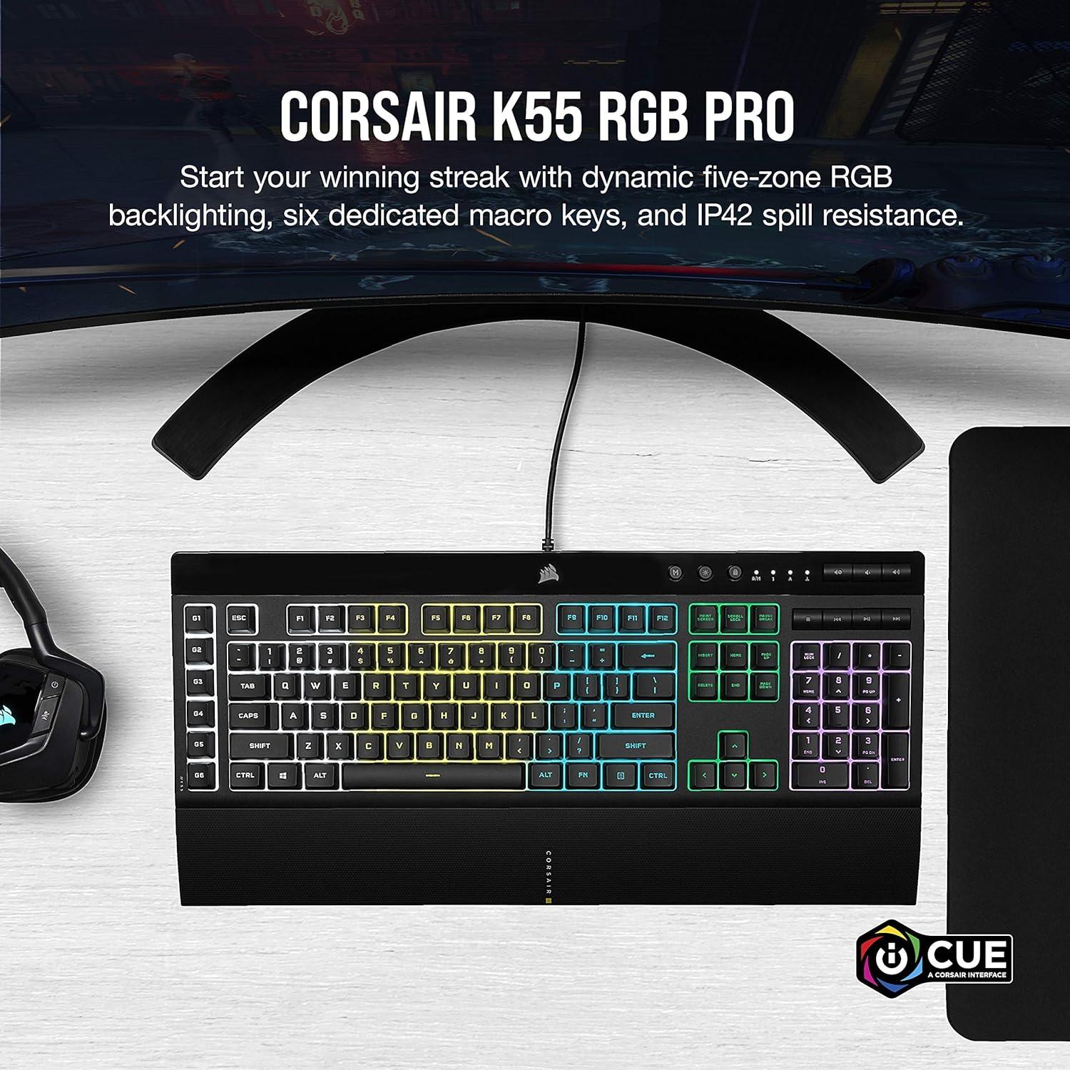 imageCorsair K55 RGB PRO Membrane Wired Gaming Keyboard IP42 Dust and SpillResistant 6 Macro Keys with Elgato Integration iCUE Compatible QWERTY NA PC Mac Xbox Black