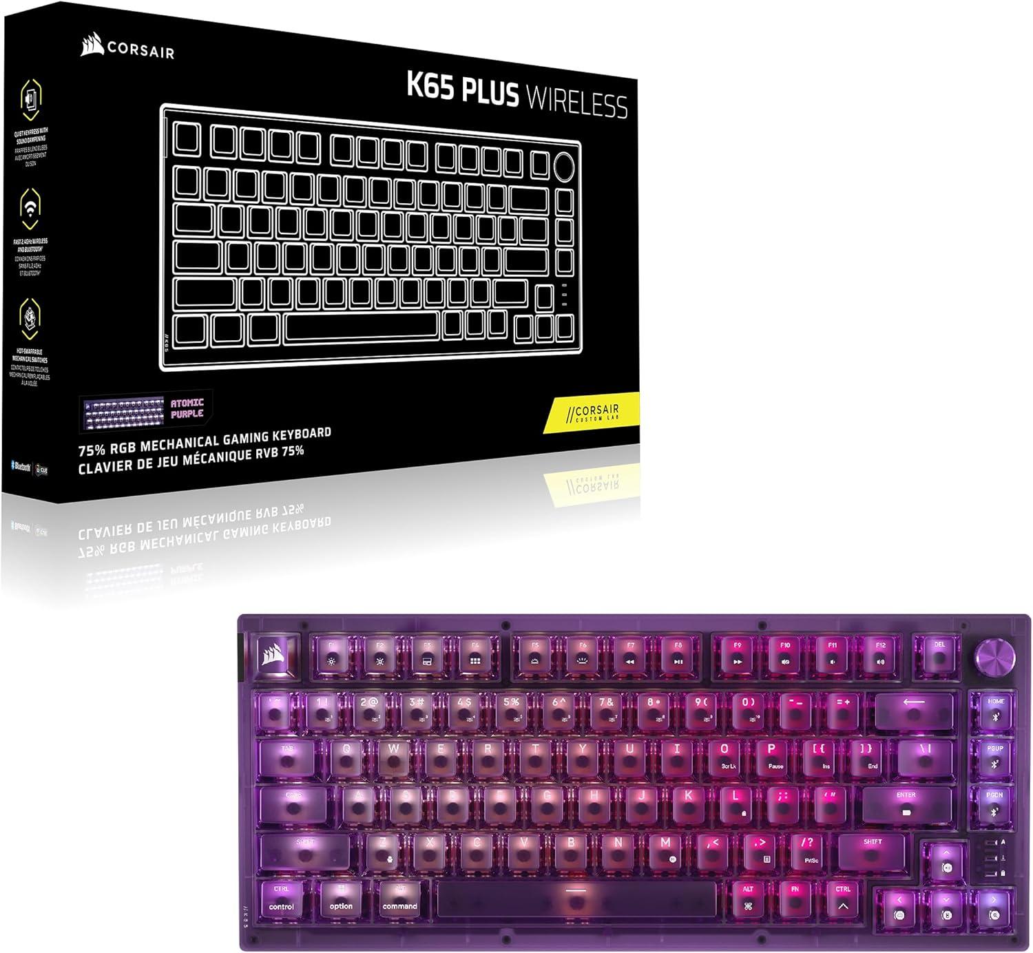 imageCorsair K65 Plus Wireless 75 RGB HotSwappable Mechanical Gaming Keyboard QWERTY US Layout PreLubricated MLX Red v2 Linear Switches DualLayer Sound Dampening Atomic Purple