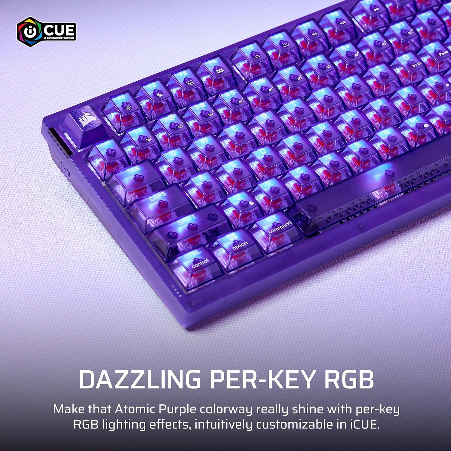 imageCorsair K65 Plus Wireless 75 RGB HotSwappable Mechanical Gaming Keyboard QWERTY US Layout PreLubricated MLX Red v2 Linear Switches DualLayer Sound Dampening Atomic Purple