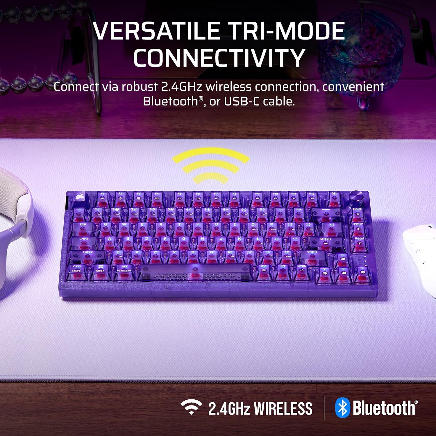 imageCorsair K65 Plus Wireless 75 RGB HotSwappable Mechanical Gaming Keyboard QWERTY US Layout PreLubricated MLX Red v2 Linear Switches DualLayer Sound Dampening Atomic Purple