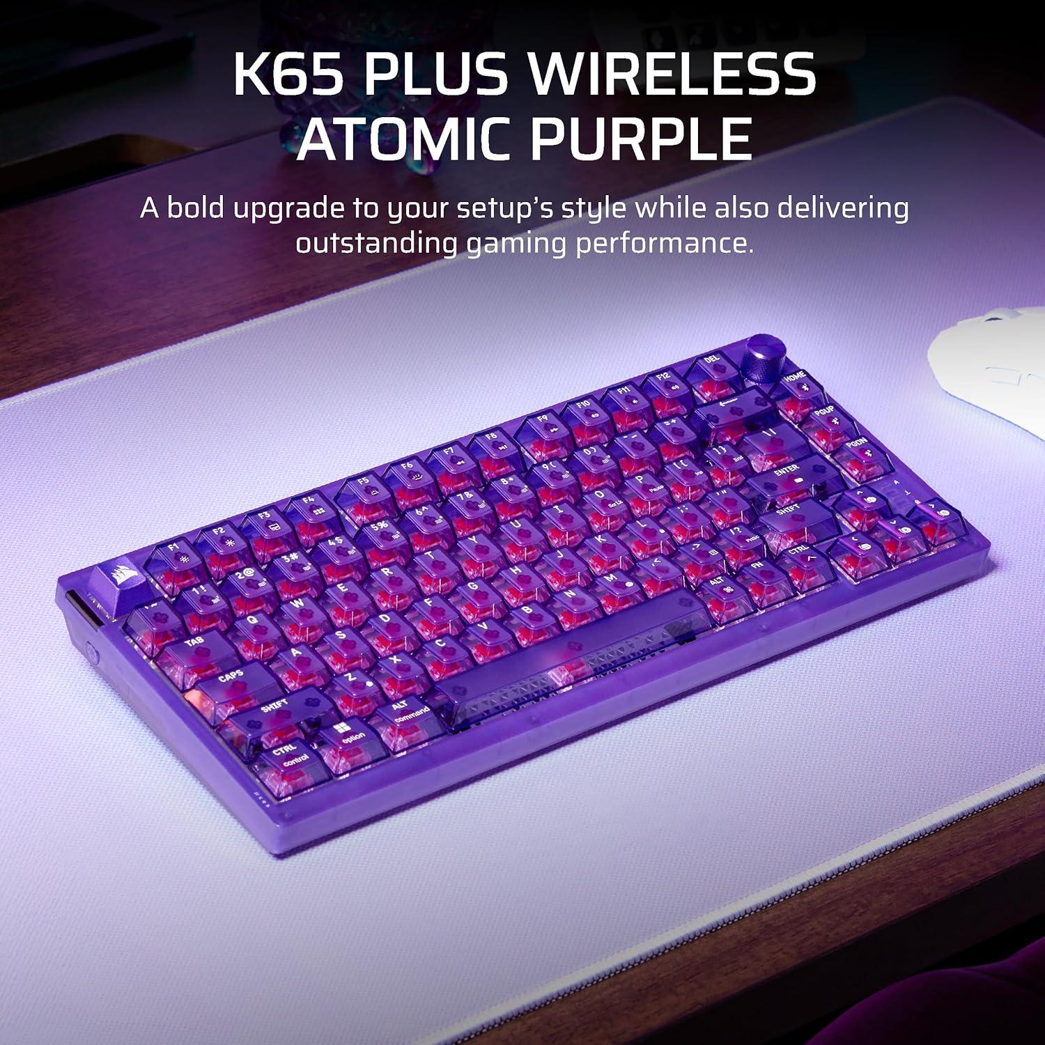 imageCorsair K65 Plus Wireless 75 RGB HotSwappable Mechanical Gaming Keyboard QWERTY US Layout PreLubricated MLX Red v2 Linear Switches DualLayer Sound Dampening Atomic Purple