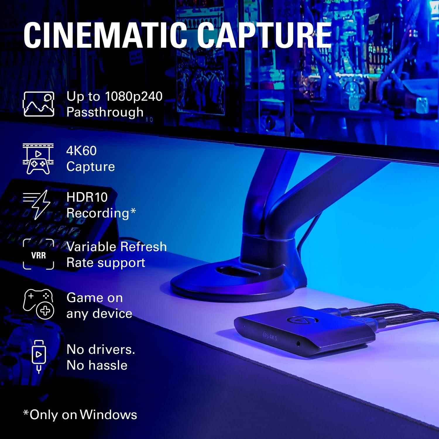 imageElgato 4K S External Capture Card for PS5 Xbox Series XS Switch 2 PC Mac iPad 4K60 1440p120 or 1080p240 Passthrough and Capture HDR10 VRR USBC NearZero Latency4K S