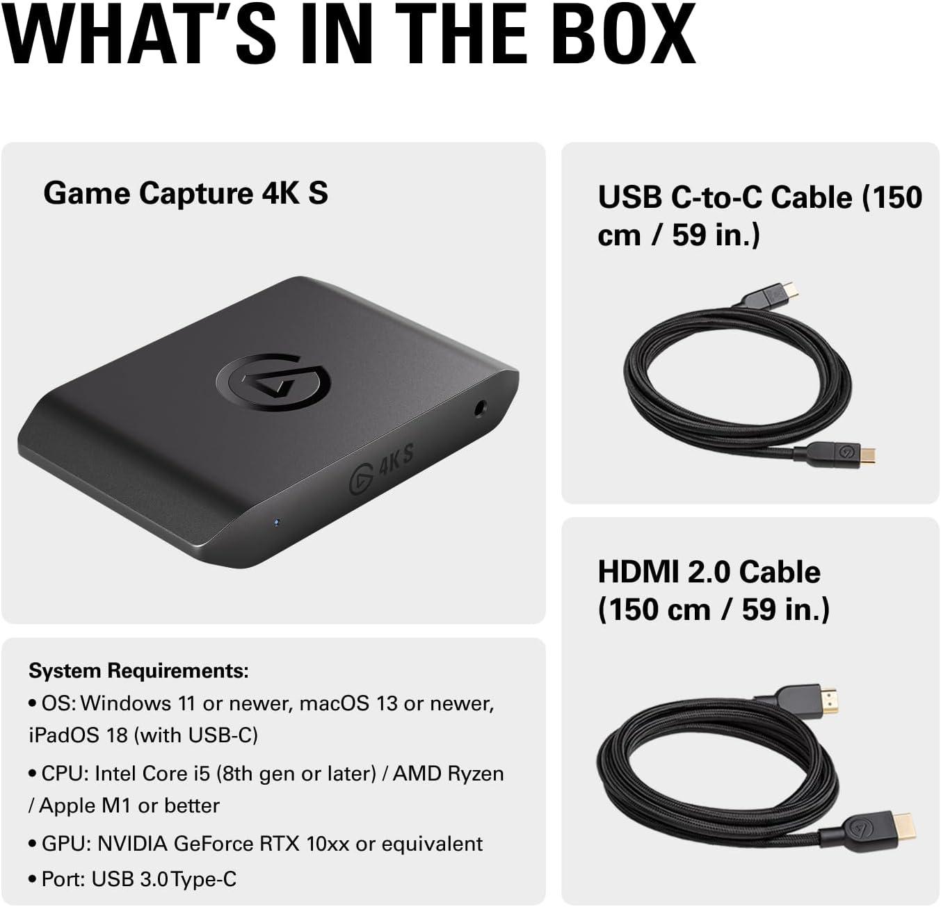 imageElgato 4K S External Capture Card for PS5 Xbox Series XS Switch 2 PC Mac iPad 4K60 1440p120 or 1080p240 Passthrough and Capture HDR10 VRR USBC NearZero Latency4K S