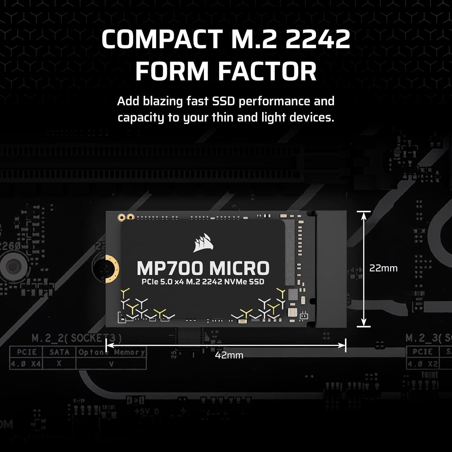 imageCorsair MP700 Micro 2TB PCIe 50 NVMe M2 2242 SSD Up to 10000 MBs Read 8500 MBs Write Gen5 Speed for Laptops amp Mini PCs Black