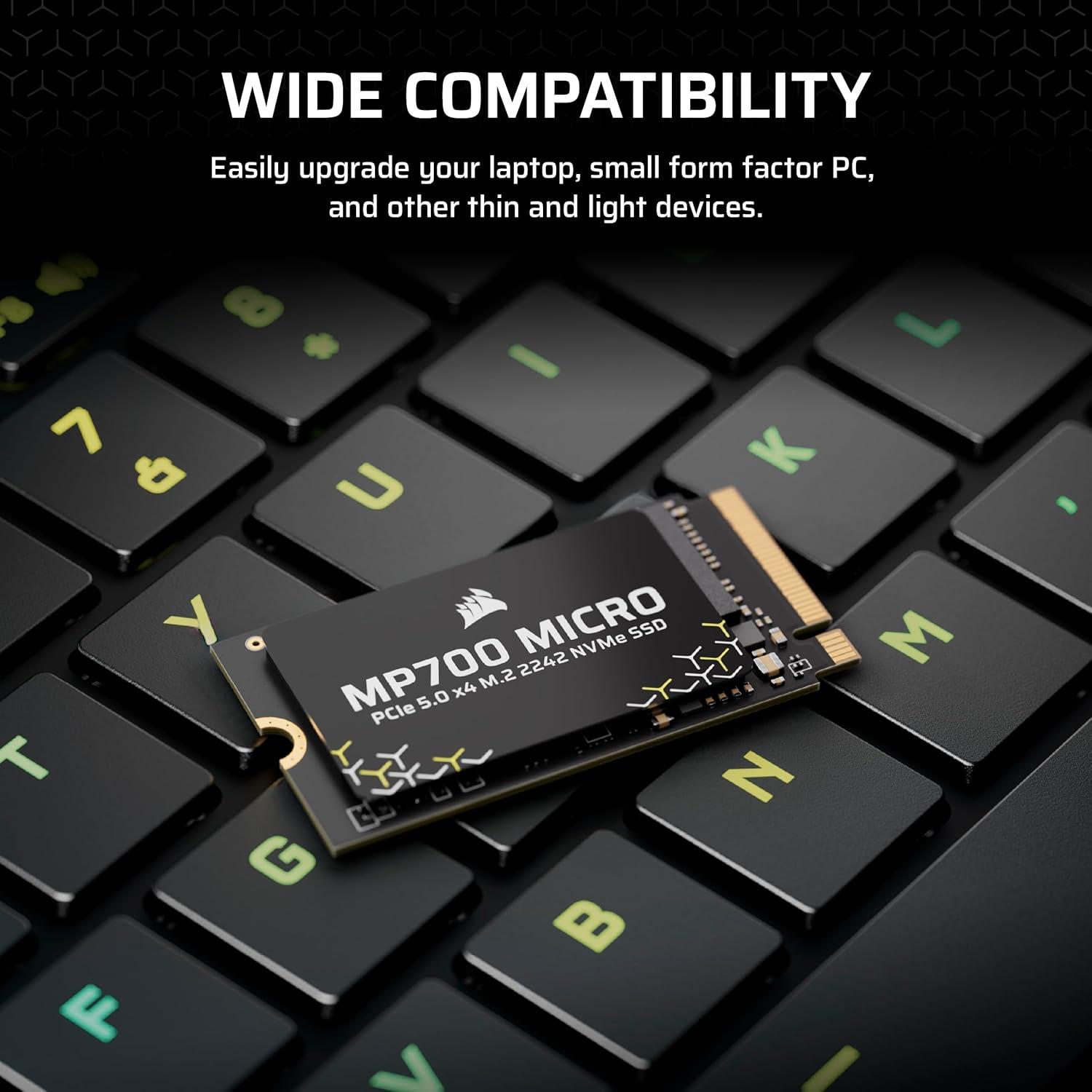imageCorsair MP700 Micro 2TB PCIe 50 NVMe M2 2242 SSD Up to 10000 MBs Read 8500 MBs Write Gen5 Speed for Laptops amp Mini PCs Black