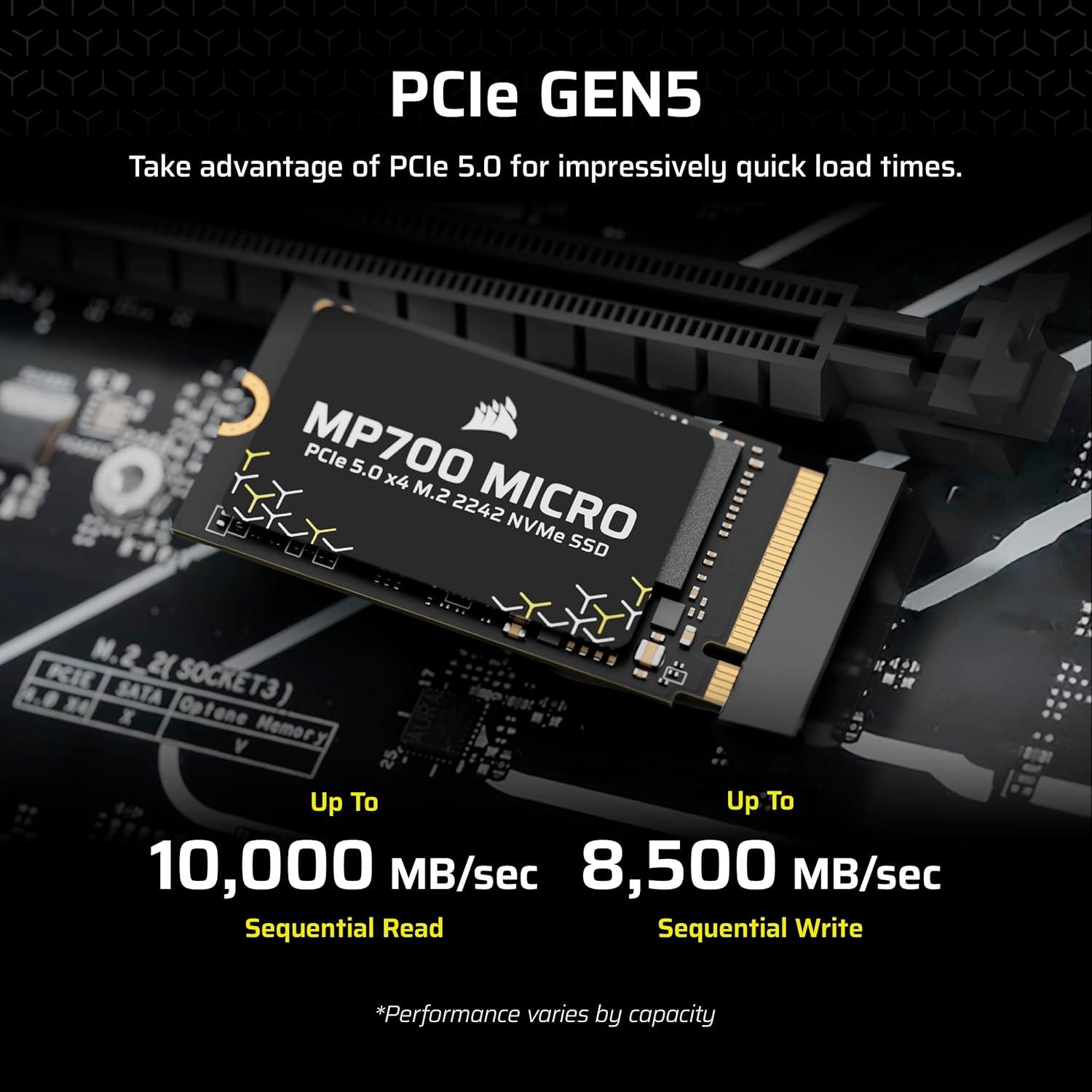 imageCorsair MP700 Micro 2TB PCIe 50 NVMe M2 2242 SSD Up to 10000 MBs Read 8500 MBs Write Gen5 Speed for Laptops amp Mini PCs Black